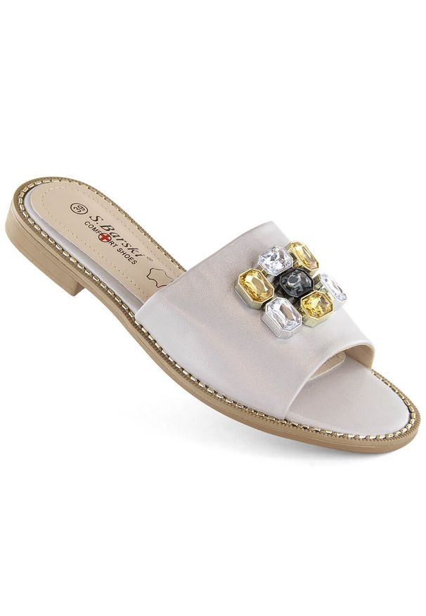 Klapki damskie z cyrkoniami komfortowe srebrne S.Barski 031. Kolor: srebrny. Materiał: skóra ekologiczna