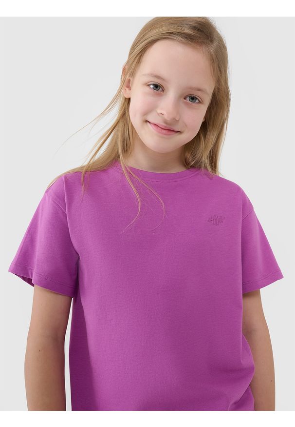 4f - 4F T-shirt oversize gładki dziewczęcy - fioletowy 158 (12-13 lat). Okazja: na co dzień. Kolor: fioletowy. Materiał: dzianina, bawełna, jersey. Wzór: gładki. Sezon: lato. Styl: klasyczny, sportowy, casual