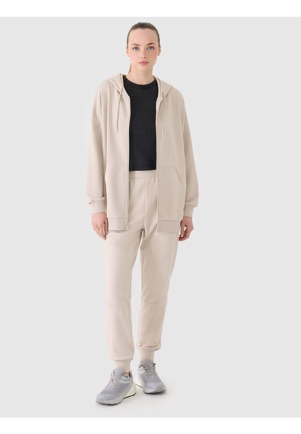 4f - 4F Bluza dresowa rozpinana z kapturem damska - beżowa XS. Okazja: na co dzień. Typ kołnierza: kaptur. Kolor: beżowy. Materiał: dresówka. Wzór: ze splotem, gładki. Styl: casual, sportowy