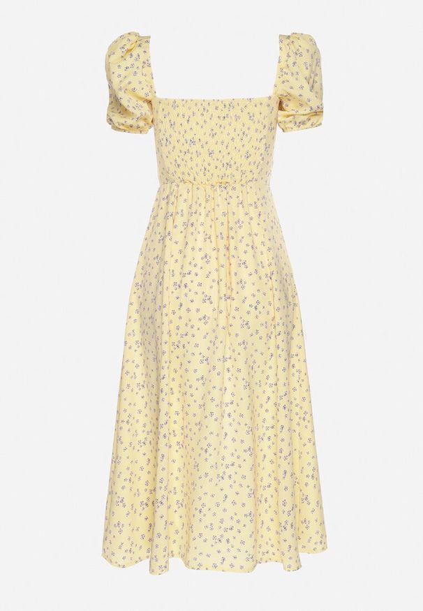Born2be - Żółta Rozkloszowana Sukienka z Wiązaniem i Bufiastymi Rękawami w Kwiaty Lavilissa. Okazja: na co dzień. Kolor: żółty. Wzór: kwiaty. Typ sukienki: rozkloszowane, proste. Styl: klasyczny, casual