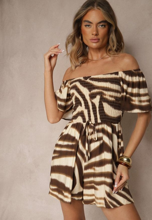 Renee - Brązowy Kombinezon z Wiskozy w Abstrakcyjny Wzór Filisena. Kolor: brązowy. Materiał: wiskoza. Styl: elegancki