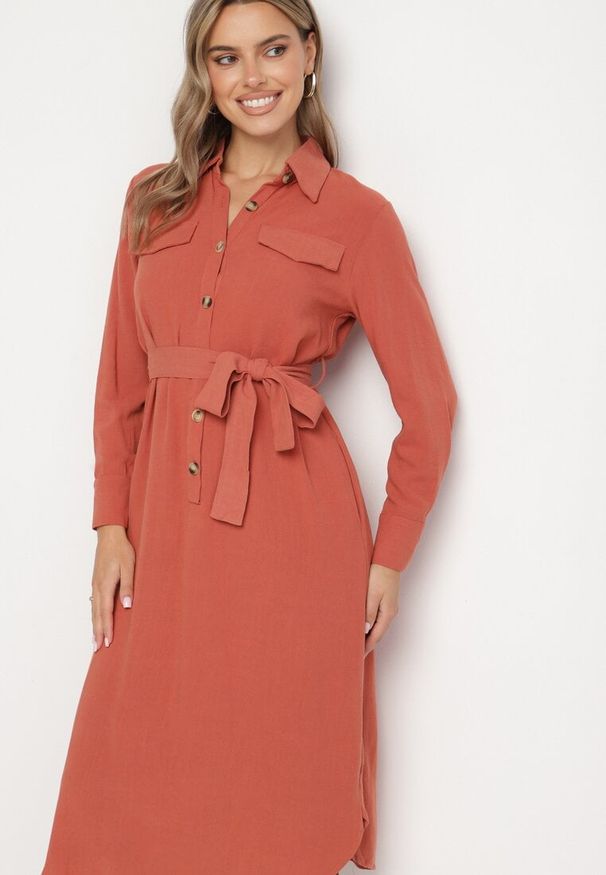 Born2be - Pomarańczowa Bawełniana Sukienka Koszulowa z Wiązanym Paskiem Zintrona. Okazja: na co dzień. Kolor: pomarańczowy. Materiał: bawełna. Typ sukienki: koszulowe. Styl: casual