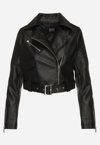 Born2be - Czarna Krótka Kurtka Ramoneska z Paskiem Ozdobionym Klamrą Mavine. Okazja: na co dzień. Kolor: czarny. Materiał: jeans. Długość rękawa: długi rękaw. Długość: krótkie. Wzór: aplikacja. Styl: casual, rockowy, elegancki #4