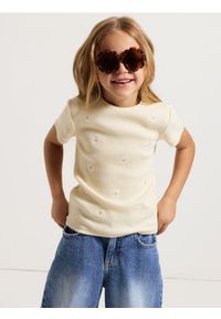 Reserved - Bawełniany t-shirt z haftem - jasnożółty. Kolor: żółty. Materiał: bawełna. Wzór: haft