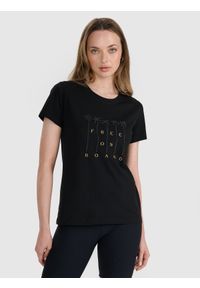 4f - 4F T-shirt regular z nadrukiem damski - czarny M. Okazja: na co dzień. Kolor: czarny. Materiał: jersey, tkanina, dzianina, bawełna, materiał. Długość rękawa: krótki rękaw. Długość: krótkie. Wzór: nadruk. Sezon: lato. Styl: sportowy, klasyczny, casual