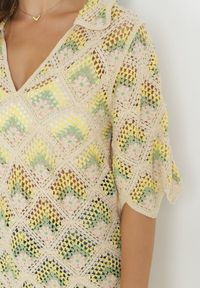 Born2be - Żółto-Fuksjowa Pudełkowa Sukienka Mini z Głębokim Dekoltem z Szydełkowej Bawełny Cristel. Kolor: żółty. Materiał: bawełna. Styl: boho. Długość: mini #4