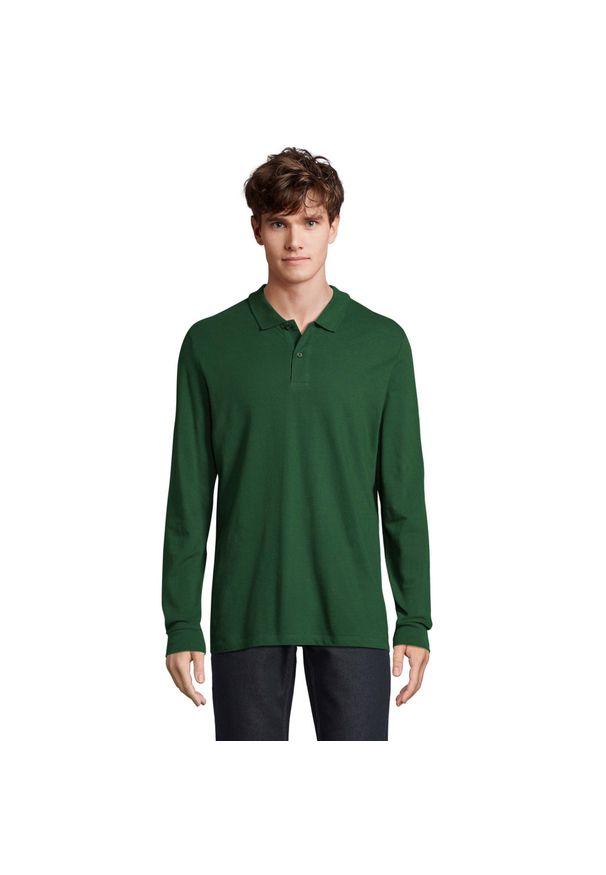SOL'S - Męska Koszulka Polo Perfect Plain Pique Z Długim Rękawem. Typ kołnierza: polo. Kolor: zielony. Długość rękawa: długi rękaw. Długość: długie