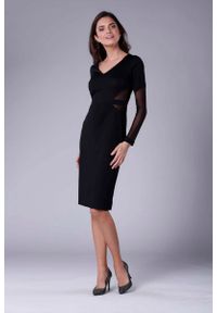 Nommo - Czarna Elegancka Ołówkowa Sukienka z Prześwitującymi Detalami. Kolor: czarny. Materiał: poliester, wiskoza. Typ sukienki: ołówkowe. Styl: elegancki #1