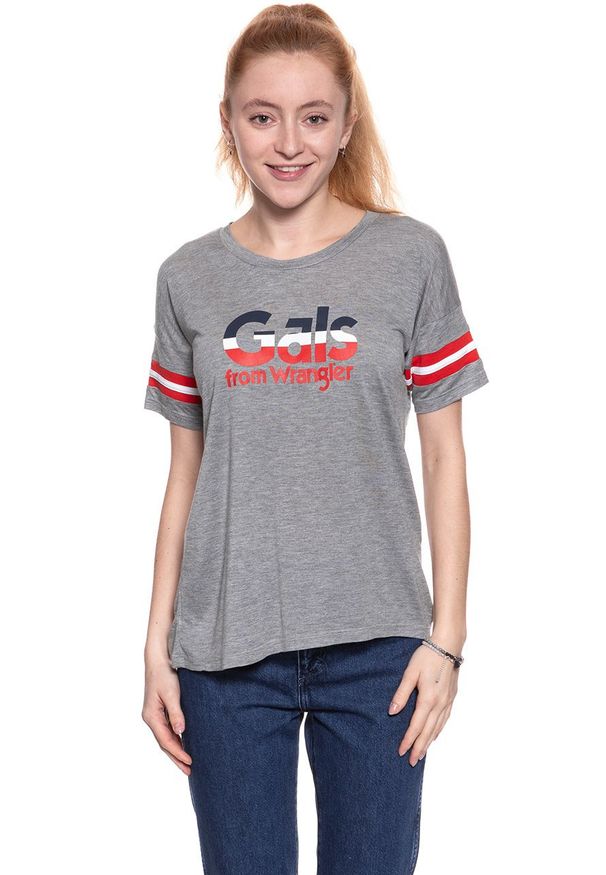Wrangler - WRANGLER T SHIRT DAMSKI FLUID GRAPHIC TEE MID GREY MEL W705LFD37 112130903. Wzór: paski, nadruk