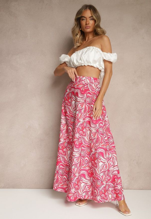 Renee - Fuksjowe Spodnie z Wiskozy o Szerokim Kroju High Waist z Abstrakcyjnym Wzorem Nilianea. Okazja: na spotkanie biznesowe, do pracy. Stan: podwyższony. Kolor: różowy. Materiał: wiskoza. Wzór: aplikacja. Styl: biznesowy, elegancki