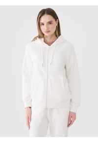 4f - 4F Bluza dresowa rozpinana z kapturem damska - biała XS. Okazja: na co dzień. Typ kołnierza: kaptur. Kolor: biały. Materiał: dresówka. Długość rękawa: raglanowy rękaw. Wzór: gładki, ze splotem. Styl: sportowy, casual