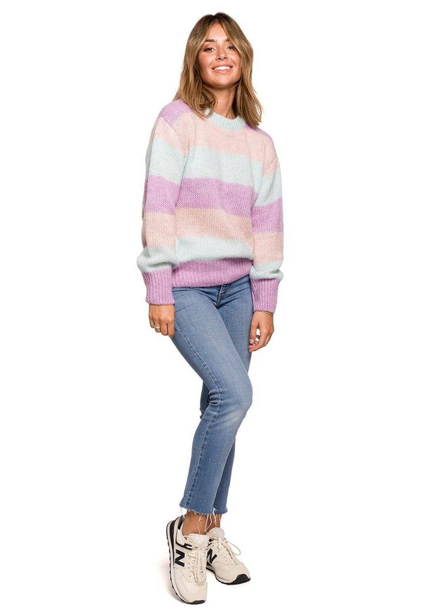 BE Knit - Mięciutki wełniany sweter w kolorowe paski. Okazja: na co dzień. Materiał: wełna. Wzór: paski, kolorowy. Sezon: jesień, zima. Styl: casual