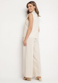 Born2be - Beżowy Komplet Garniturowy z Lnem Kamizelka i Spodnie z Zakładkami Idasila. Kolor: beżowy. Materiał: len #7