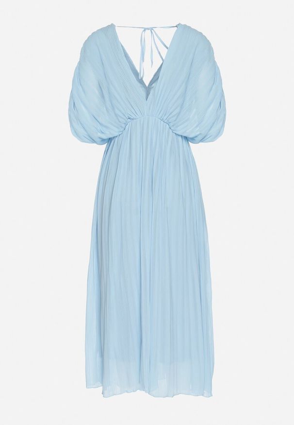 Born2be - Niebieska Sukienka Rozkloszowana z Wiązaniem na Szyi o Luźnym Kroju Napila. Okazja: na co dzień. Typ kołnierza: dekolt w kształcie V. Kolor: niebieski. Styl: klasyczny, casual, elegancki