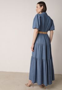 Born2be - Jasnoniebieska Sukienka Koszulowa z Wiskozą Bufiastymi Rękawami i Plecionym Paskiem Eriflara. Kolor: niebieski. Materiał: wiskoza. Wzór: ażurowy. Typ sukienki: koszulowe. Styl: elegancki, klasyczny #4