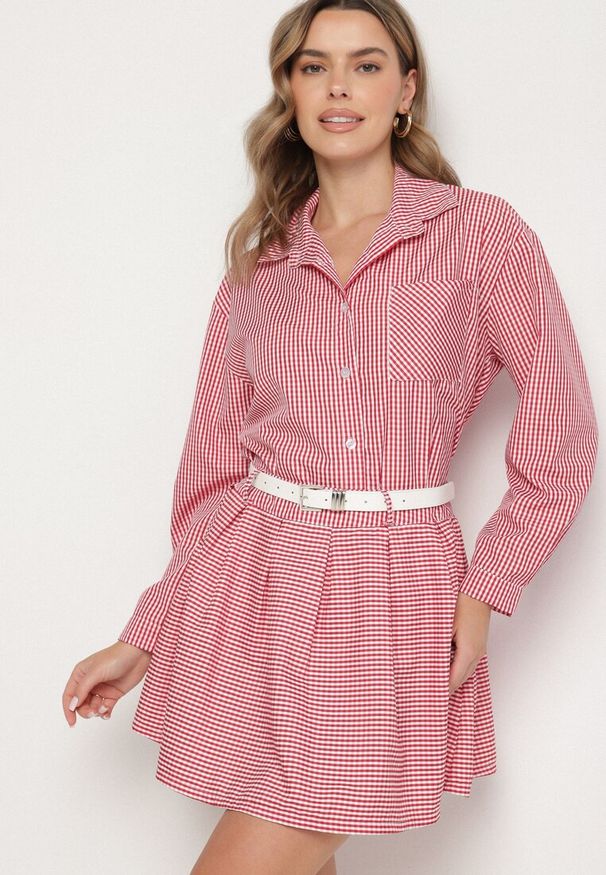 Born2be - Czerwony Komplet Koszula i Rozkloszowana Spódnica Novarene. Kolor: czerwony