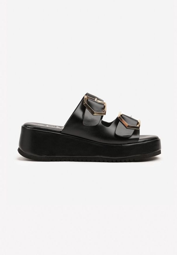 Born2be - Czarne Klapki na Niskim Koturnie z Paskami z Klamrami Nonoreth. Okazja: na co dzień. Kolor: czarny. Materiał: jeans. Sezon: lato. Obcas: na koturnie. Styl: elegancki, casual, klasyczny