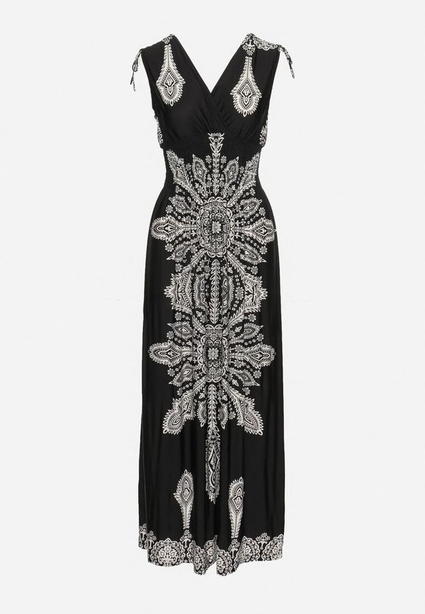 Born2be - Czarna Sukienka w Stylu Boho z Gumką w Pasie i Troczkami na Ramionach Aretava. Okazja: na co dzień. Typ kołnierza: dekolt w serek, dekolt w łódkę. Kolor: czarny. Typ sukienki: proste. Styl: boho