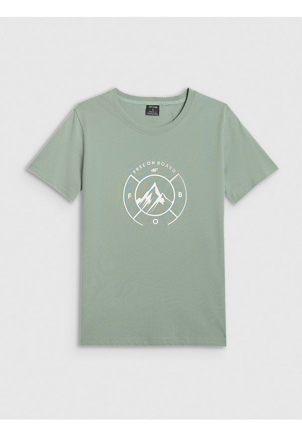 4f - 4F T-shirt regular z nadrukiem damski - zielony M. Okazja: na co dzień. Kolor: zielony. Materiał: bawełna, dzianina. Długość rękawa: krótki rękaw. Długość: krótkie. Wzór: nadruk. Styl: casual