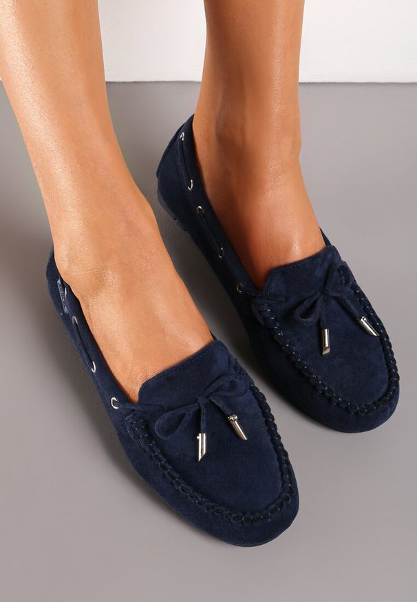 Born2be - Granatowe Mokasyny z Ozdobną Kokardką i Wiązaniami po Bokach Vimedia. Okazja: na co dzień. Kolor: niebieski. Materiał: jeans. Styl: casual
