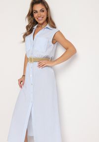 Born2be - Niebieska Bawełniana Sukienka Koszulowa z Gumką w Talii i Paskiem z Klamrą Xalorea. Kolor: niebieski. Materiał: bawełna. Wzór: paski. Typ sukienki: koszulowe #2