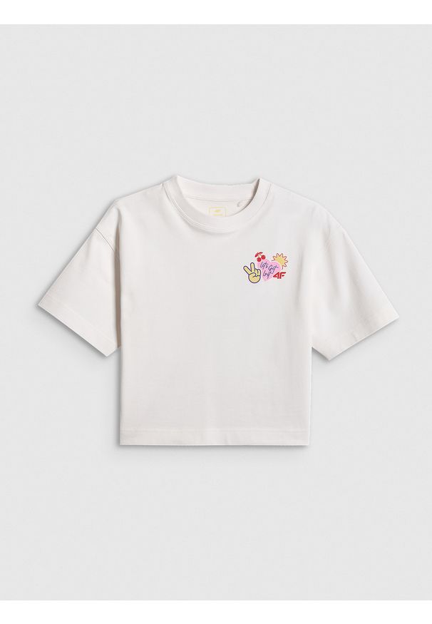 4f - 4F T-shirt loose z nadrukiem dziewczęcy - biały 134/140 (8-10 lat). Okazja: na co dzień. Kolor: biały. Materiał: dzianina, bawełna, jeans, dresówka. Wzór: nadruk. Sezon: lato. Styl: casual