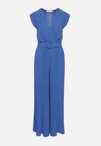 Born2be - Niebieski Kombinezon o Kopertowym Kroju z Plisami i Paskiem w Talii Salivania. Okazja: na wesele, na studniówkę, na imprezę, na ślub cywilny. Kolor: niebieski. Styl: elegancki, klasyczny #6