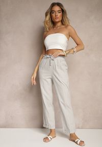 Renee - Jasnoszare Spodnie z Bawełny High Waist z Wiązaniem Tyswia. Okazja: na co dzień. Stan: podwyższony. Kolor: szary. Materiał: bawełna. Styl: casual, elegancki
