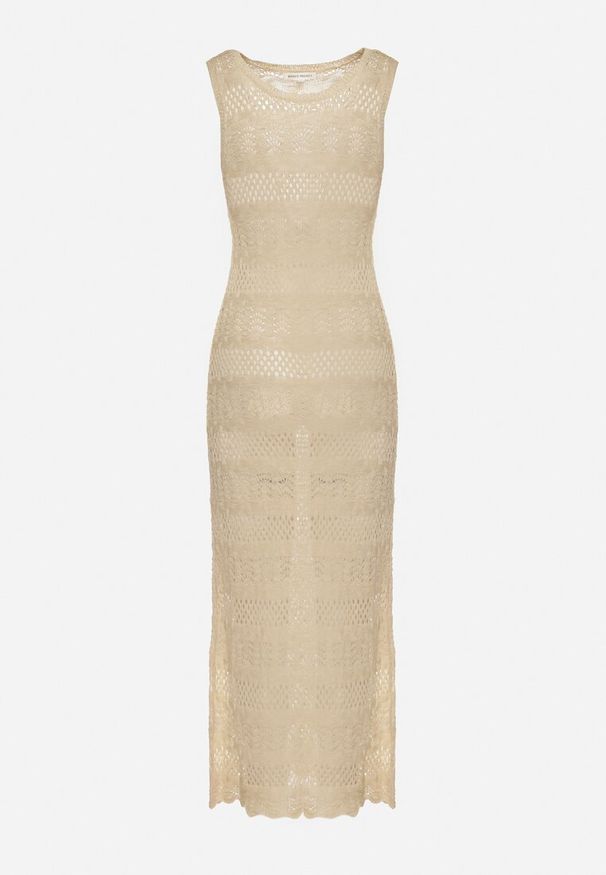 Born2be - Beżowa Dopasowana Sukienka z Ażurowego Materiału Wykończona Metaliczną Nitką Trinesa. Okazja: na co dzień, na wesele, na ślub cywilny, na imprezę. Kolor: beżowy. Materiał: materiał. Wzór: ażurowy. Typ sukienki: proste. Styl: elegancki, casual