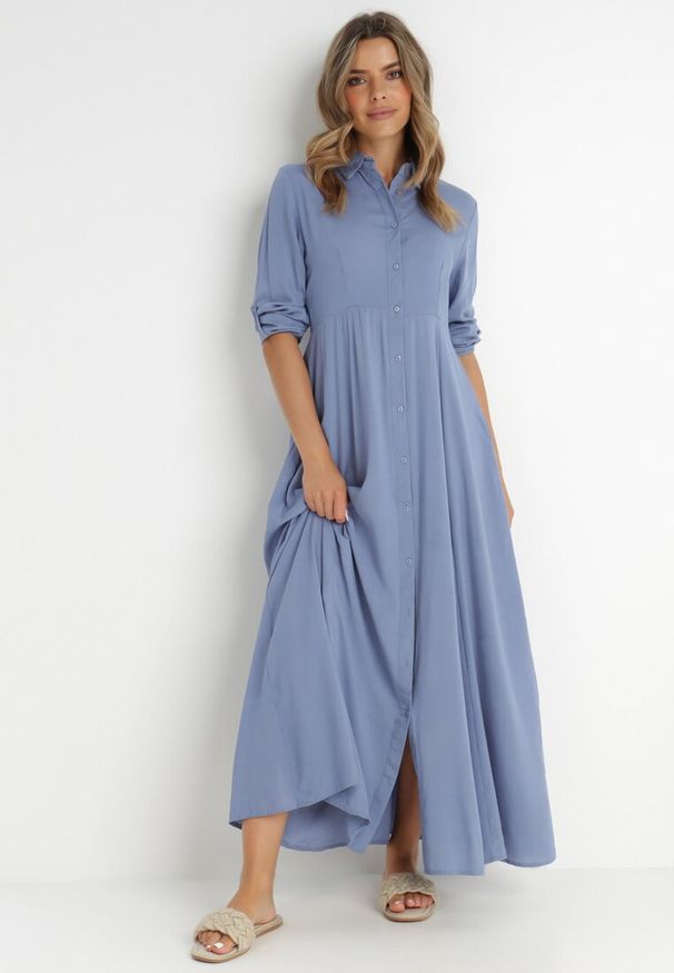 Born2be - Niebieska Sukienka Controllable. Okazja: na co dzień. Kolor: niebieski. Długość rękawa: długi rękaw. Typ sukienki: rozkloszowane, szmizjerki. Styl: casual, klasyczny. Długość: maxi