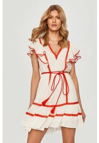 TwinSet - Twinset - Sukienka. Kolor: biały. Materiał: tkanina. Długość rękawa: krótki rękaw. Typ sukienki: rozkloszowane #1