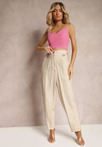 Renee - Beżowe Spodnie Typu High Waist Ozdobione Cyrkoniami Sajara. Stan: podwyższony. Kolor: beżowy. Materiał: tkanina. Wzór: aplikacja. Sezon: lato #5
