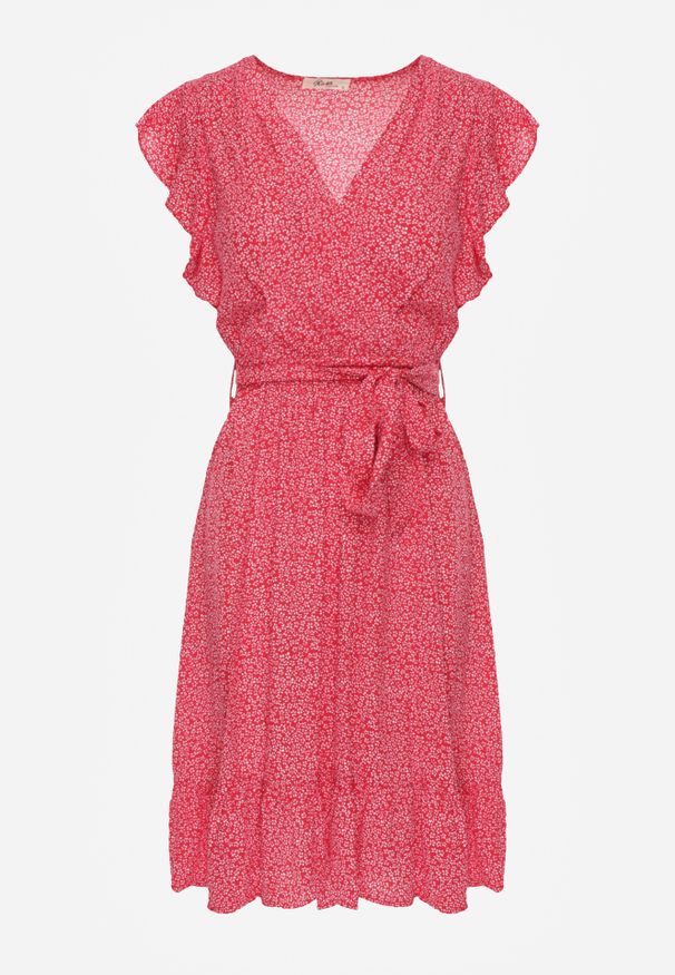 Renee - Czerwona Sukienka z Paskiem Mitho. Okazja: na co dzień. Kolor: czerwony. Materiał: wiskoza, materiał, tkanina. Wzór: kwiaty. Typ sukienki: kopertowe. Styl: casual. Długość: mini