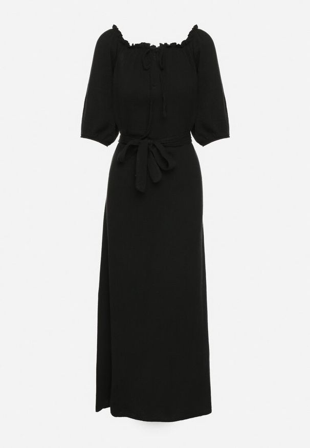 Born2be - Czarna Trapezowa Muślinowa Sukienka z Bawełny z Paskiem i Gumką w Talii Vimarinn. Okazja: na co dzień. Typ kołnierza: dekolt hiszpanka. Kolor: czarny. Materiał: bawełna. Typ sukienki: trapezowe. Styl: casual