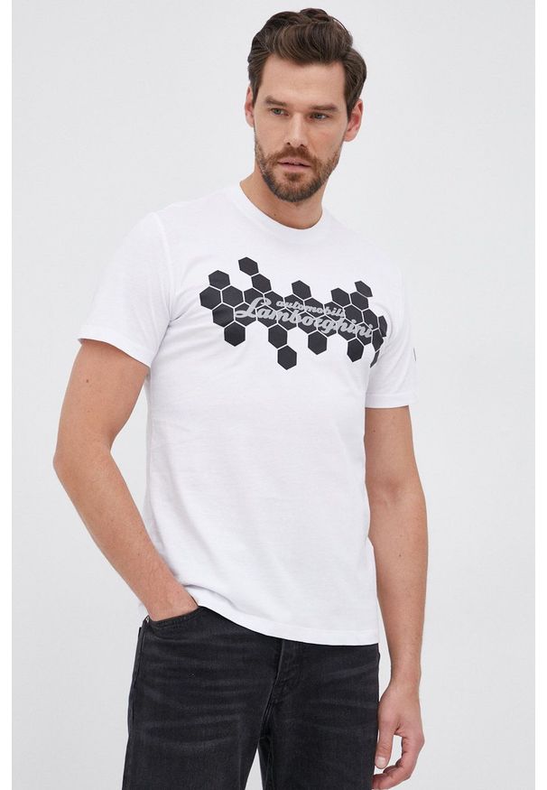 Lamborghini - T-shirt bawełniany. Okazja: na co dzień. Kolor: biały. Materiał: bawełna. Wzór: nadruk. Styl: casual