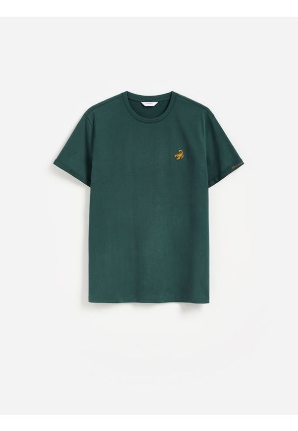 Reserved - T-shirt regular z haftem - ciemnozielony. Kolor: zielony. Materiał: bawełna, dzianina. Wzór: haft