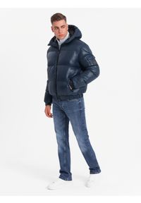 Ombre Clothing - Ciepła kurtka męska puffer ze ściągaczami – granatowa V2 - Rozmiar: L. Okazja: na co dzień. Typ kołnierza: kaptur. Kolor: niebieski. Materiał: guma, tkanina, poliester, materiał, syntetyk, nylon. Wzór: aplikacja. Sezon: zima. Styl: casual