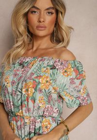 Renee - Niebiesko-Pomarańczowa Sukienka z Bawełny w Kwiatowy Print Dimizama. Okazja: na co dzień. Kolor: niebieski. Materiał: bawełna. Długość rękawa: krótki rękaw. Wzór: kwiaty, nadruk. Sezon: lato. Typ sukienki: proste. Styl: elegancki, casual
