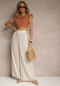 Renee - Beżowo-Brązowe Szerokie Spodnie High Waist w Paski z Bawełny Silorea. Okazja: na co dzień. Stan: podwyższony. Kolor: beżowy. Materiał: bawełna. Wzór: paski. Styl: elegancki, casual