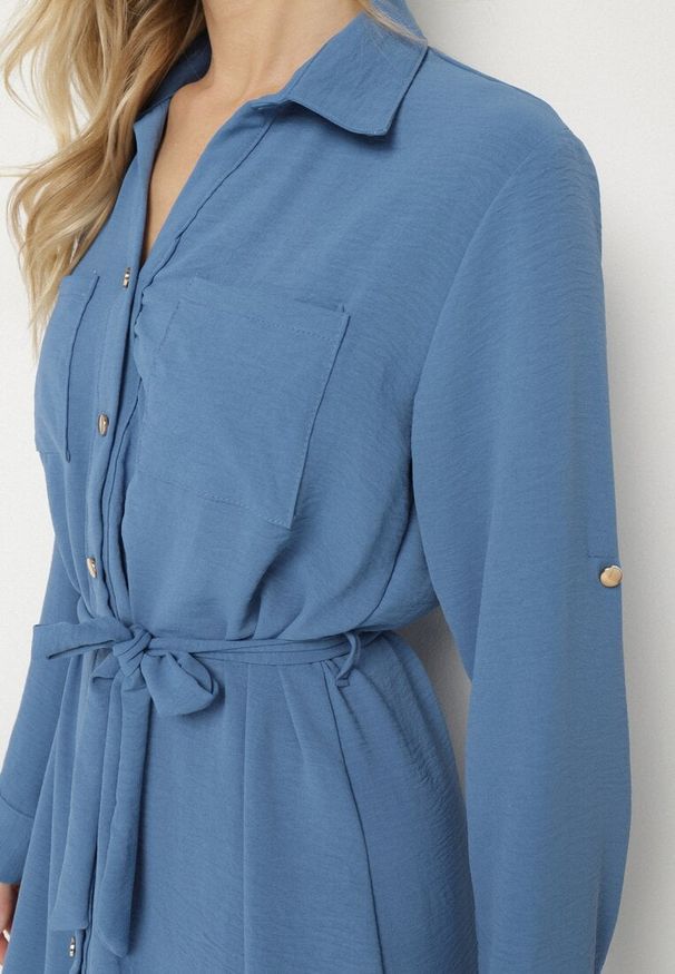 Born2be - Niebieska Koszulowa Sukienka z Materiałowym Paskiem Vivinara. Okazja: na imprezę, na co dzień. Kolor: niebieski. Materiał: materiał. Typ sukienki: koszulowe. Styl: elegancki, casual