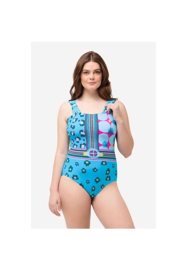 ULLA POPKEN - Damski Kostium kąpielowy mieszanka wzorów miękkie miseczki z recyklingu. Kolekcja: plus size. Kolor: niebieski. Materiał: elastan, poliamid, materiał