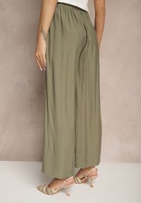 Renee - Zielone Spodnie o Szerokim Kroju High Waist z Wiązaniem Fenalin. Okazja: na co dzień, na imprezę, na spacer. Stan: podwyższony. Kolor: zielony. Styl: elegancki, casual