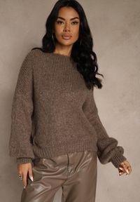 Renee - Jasnobrązowy Oversizowy Sweter z Dodatkiem Wełny Zdobiony Węzłem Lawedana. Kolor: brązowy. Materiał: wełna. Wzór: aplikacja #4