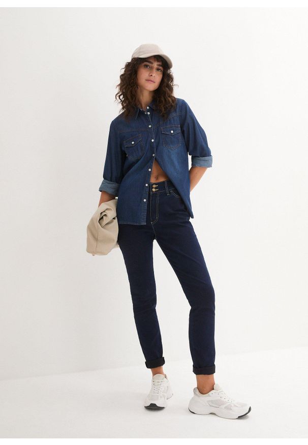 bonprix - Dżinsy o kroju slim fit, z dużą zawartością stretchu, high waist. Stan: podwyższony. Kolor: niebieski