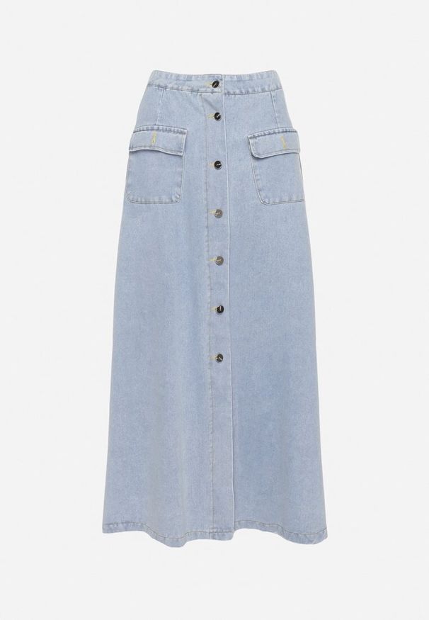 Born2be - Jasnoniebieska Trapezowa Spódnica Maxi Bawełniana Jeansowa z Guzikami i Kieszeniami z Klapami Zrissa. Okazja: na co dzień. Kolor: niebieski. Materiał: bawełna, jeans. Styl: elegancki, casual