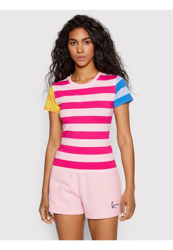 Karl Kani T-Shirt Small Signature Block Stripe 6130386 Różowy Slim Fit. Kolor: różowy. Materiał: bawełna