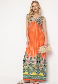 Born2be - Pomarańczowa Sukienka z Troczkami w Ramionach Rozkloszowana z Dekoltem w V Araxeda. Typ kołnierza: dekolt w kształcie V. Kolor: pomarańczowy. Sezon: lato. Styl: elegancki #1
