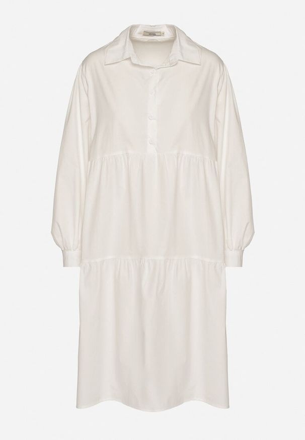 Born2be - Biała Bawełniana Sukienka Koszulowa o Rozkloszowanym Kroju Olenias. Okazja: na co dzień. Kolor: biały. Materiał: bawełna. Typ sukienki: koszulowe. Styl: casual