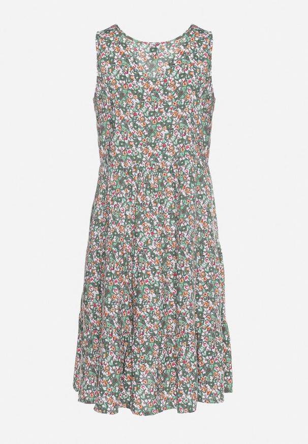 Born2be - Zielono-Różowa Sukienka Bawełniana Bez Rękawów na Lato Biazena. Okazja: na co dzień. Kolor: zielony. Materiał: bawełna. Długość rękawa: bez rękawów. Sezon: lato. Styl: wizytowy, casual