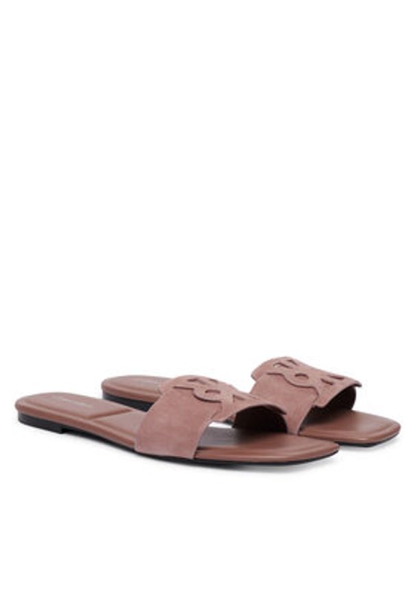 Calvin Klein Klapki Square Flat Sndl Embl Suede HW0HW03055 Beżowy. Kolor: beżowy. Materiał: zamsz, skóra